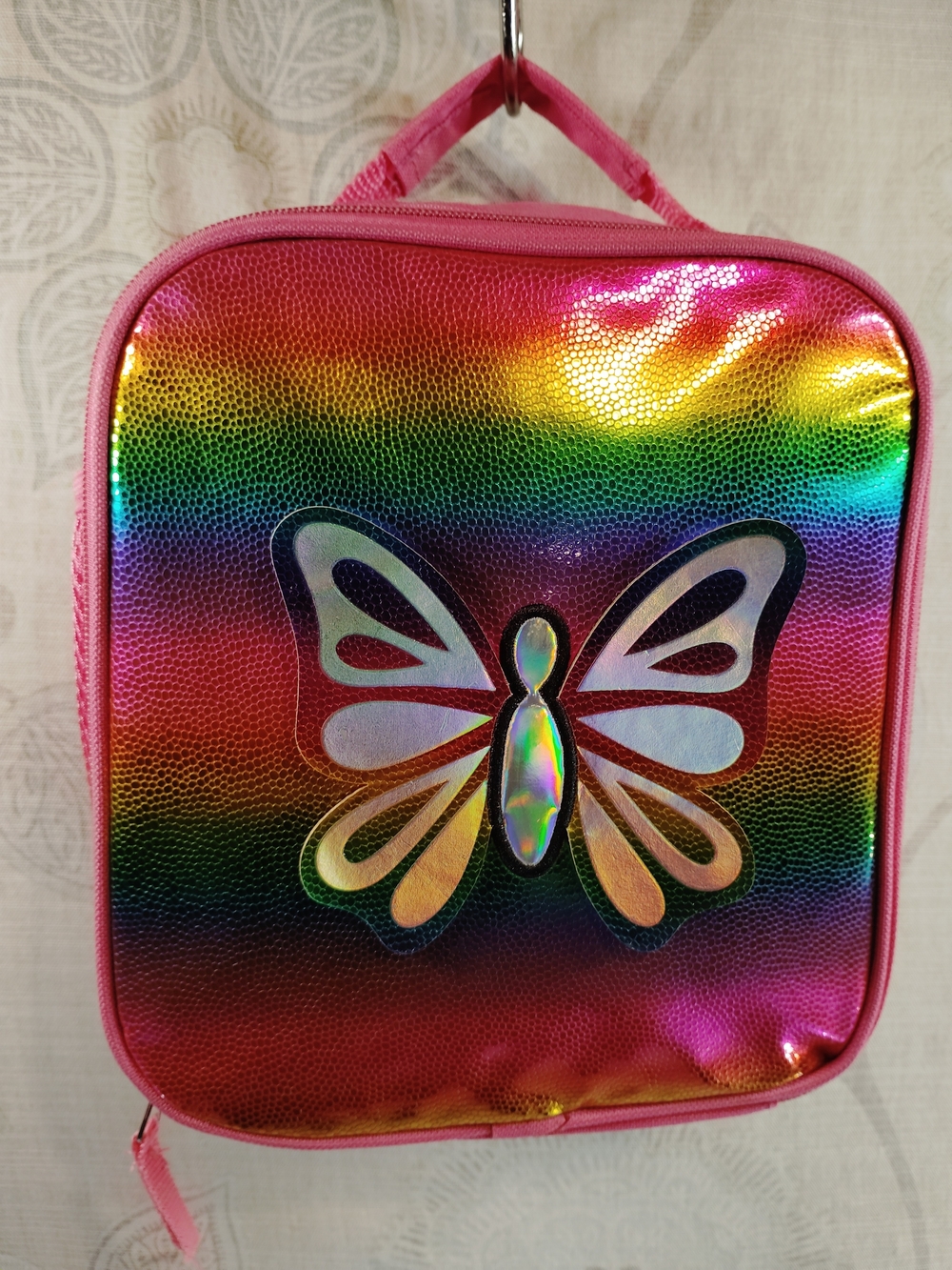 Holographic Rainbow Butterfly Lunch Bag - Pink Trim